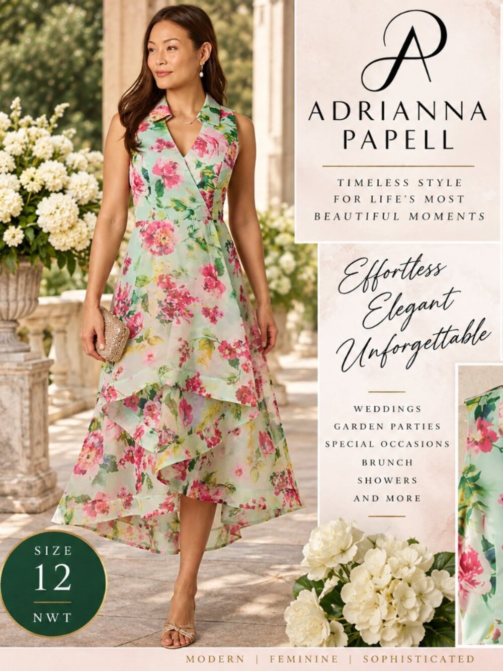 Adrianna Papell Mint Floral High Low Midi Dress Size 12 NWT
